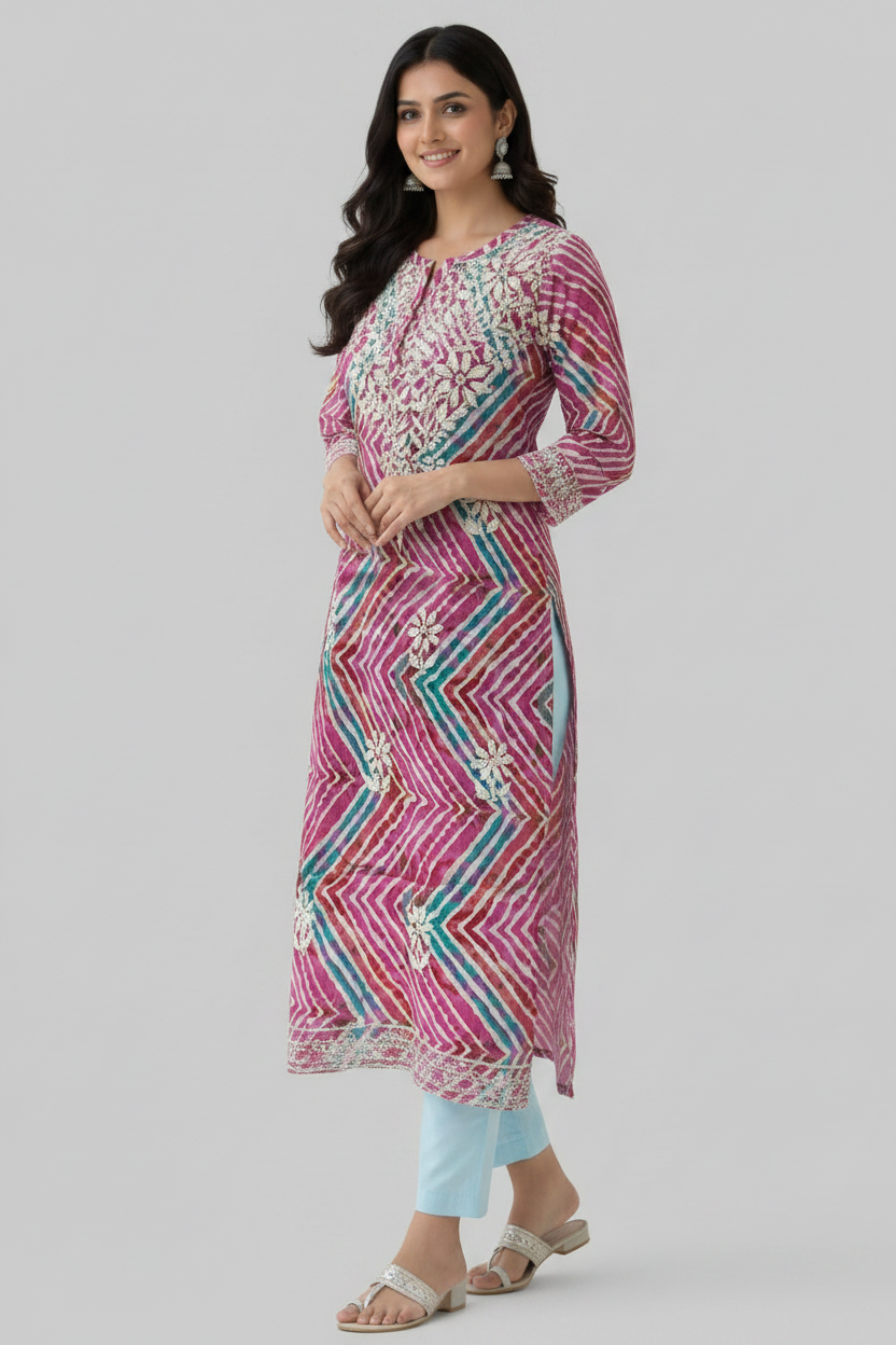 Laharia Pattern Pink Cotton Kurti